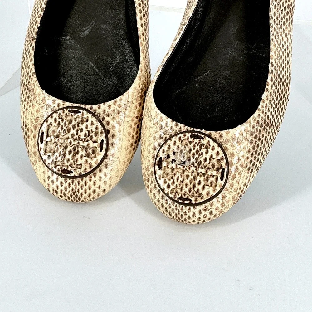 Tory Burch Size 7.5 Minnie Travel Ballet Flats‎ Snake Embossed Leather
